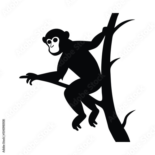 Silhouette of a chimpanzee climbing up a tree trunk vector illustration.