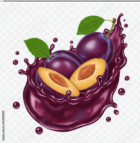 Juicy Plums Splashing in Purple Juice Fresh Fruit Illustration