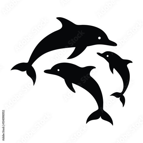 Silhouette of a dolphin group jumping together playfully vector illustration.