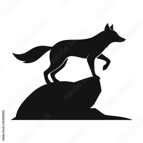 Silhouette of a fox jumping gracefully over a rock vector illustration.