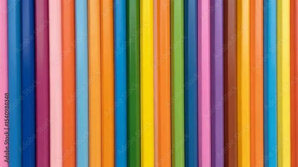 Close-up view of arranged colored pencils, creating a vibrant and diverse pattern. Different color shades showcase art equipment and supplies.