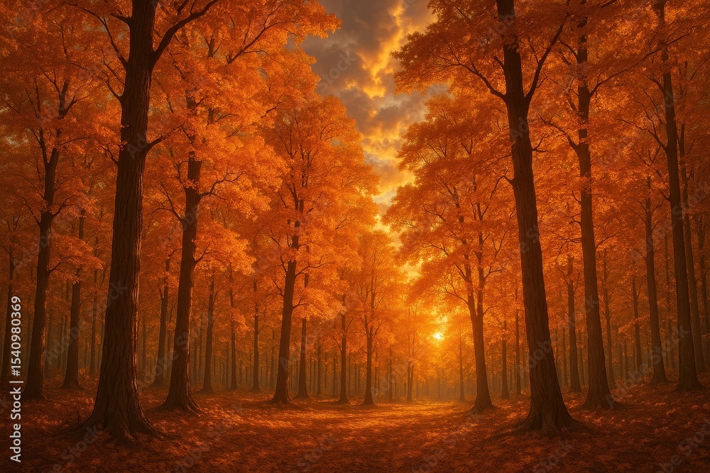 Fototapeta premium Breathtaking Autumn Forest Landscape with Golden Foliage Under Dramatic Sky at Sunset