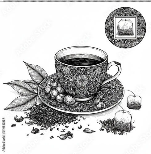 Intricate Ornate Teacup Illustration Black and White Tea Design