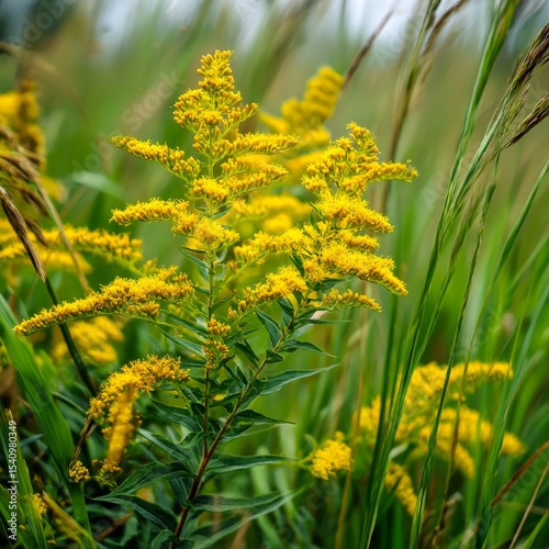 a patch of goldenrod flowers in full bloom with yellow spikes surrounded by tall green grass in a field photo