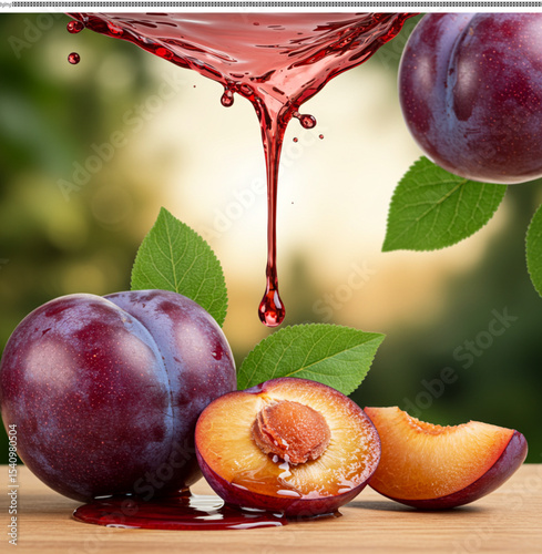 Fresh Plum Juice Splash Ripe Plums and Delicious Juice