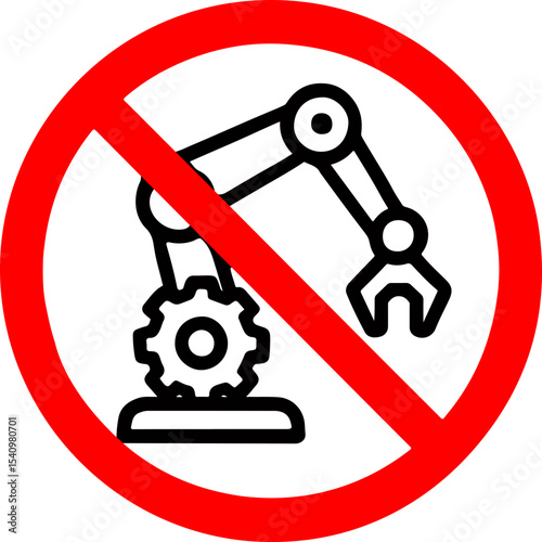 Prohibited robotic arm and gear symbol. Red circle sign with crossed robotic arm and gear.  This image is perfect for safety manuals, warning signs, and industrial applications.