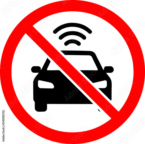 No Autonomous Cars simple composition. Red prohibition sign with car icon and wireless signal crossed out. This no autonomous cars graphic is perfect for educational materials, safety campaigns,
