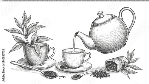 Elegant Pencil Sketch of Tea Brewing Kettle, Cups, and Loose Leaf Tea