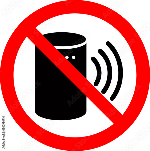 Prohibited smart speaker icon in red circle.  Simple no-technology symbol design.  Digital detox concept image perfect for websites and social media posts promoting a mindful,