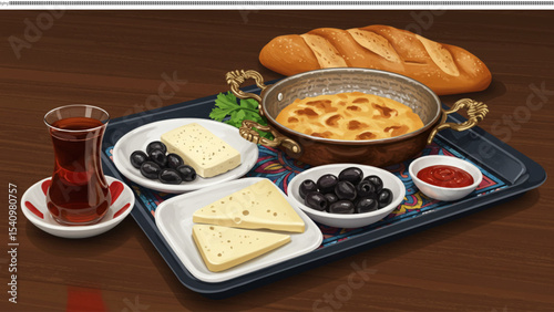 Delicious Turkish Breakfast Menemen, Cheese, Olives, and Bread