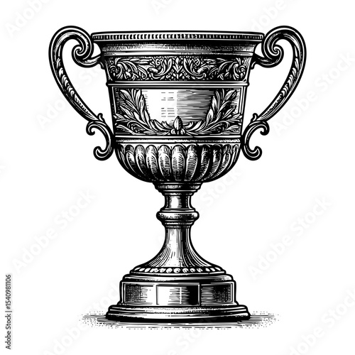 Antique cup trophy sketch engraving black and white outline. Scratch board imitation. illustrated in vintage line art style on a white background.