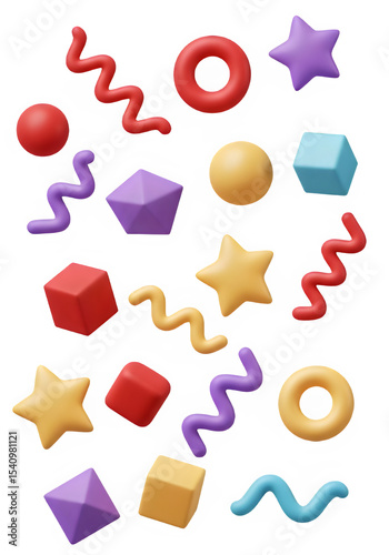 Colorful 3D geometric shapes and squiggles on transparent background, perfect for kids, education, or playful design