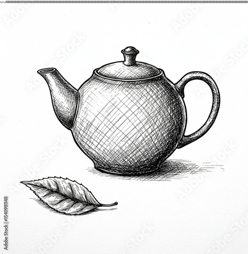 Detailed Pen and Ink Drawing of a Teapot and Leaf