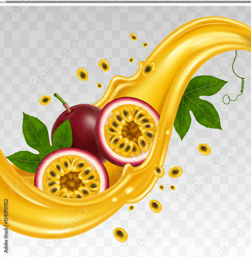 Passion Fruit Juice Splash Vibrant Illustration of Tropical Fruit