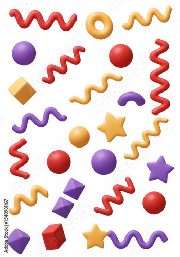 Colorful 3D geometric shapes and squiggles on transparent background, perfect for kids, education, or playful design