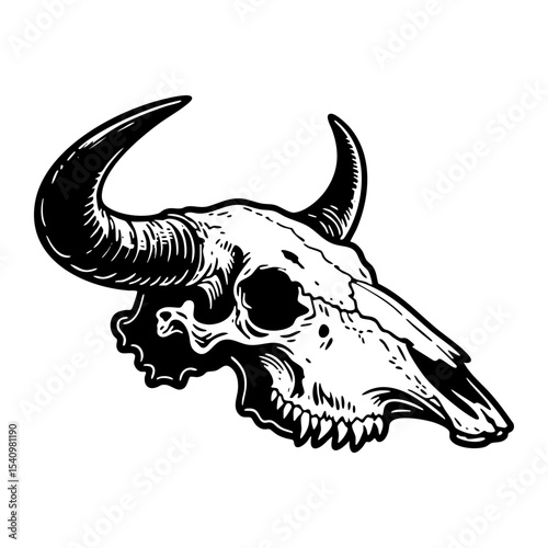 bull skull sketch engraving black and white outline. Scratch board imitation.