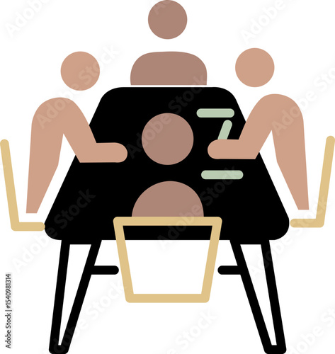 Flat style icon of a 4-person meeting at a desk. Ideal for UI, web, or collaboration themes in modern design