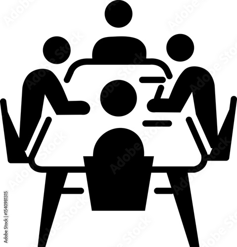Bold filled icon showing 4 people in a meeting. Great for apps, business tools, or leadership visuals.