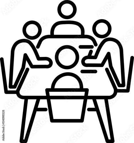 Minimal outline icon of 4 people around a table. Perfect for business teamwork, corporate meetings, or HR dashboards