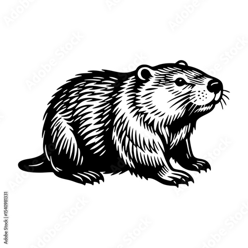 Beaver sketch engraving black and white outline. Scratch board imitation.  illustrated in vintage line art style on a white background.