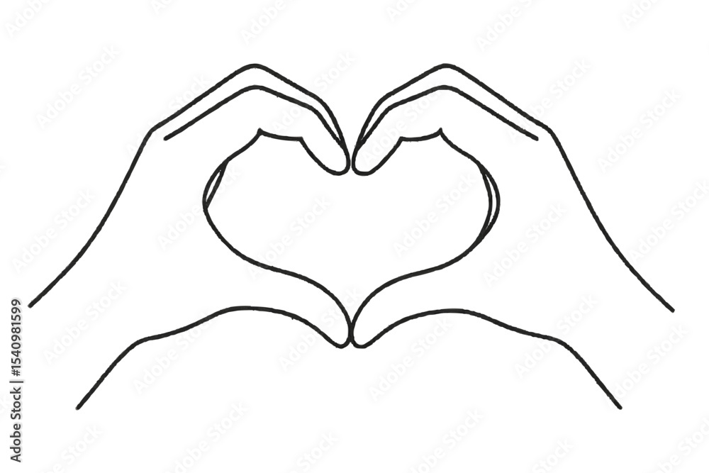 Fototapeta premium Outline illustration of two hands forming a heart shape with fingers and palms on a white background