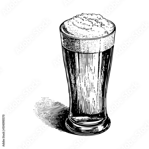 a glass of beer full of foam engraving black and white outline. Scratch board imitation.