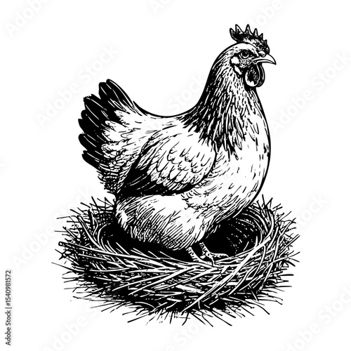 Chicken nest sketch engraving black and white outline. Scratch board imitation.  illustrated in vintage line art style on a white background.