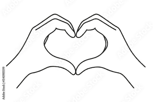 Outline illustration of two hands forming a heart shape with fingers and palms on a white background