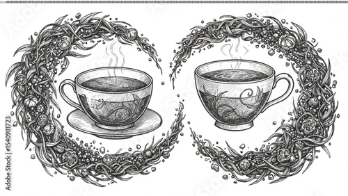 Two Cups of Tea, Intricate Herbal Design, Vintage Illustration