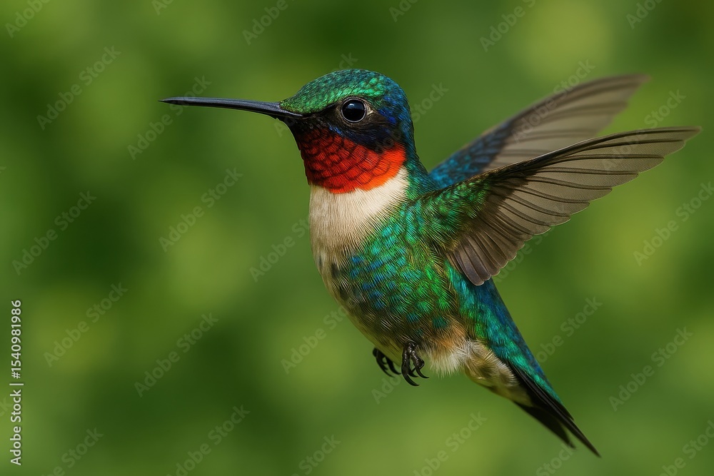 Fototapeta premium Stunning Hummingbird Portrait Showcasing Iridescent Feathers and Natural Wing Details