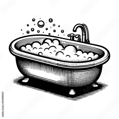 Bathtub sketch  engraving black and white outline. Scratch board imitation.  illustrated in vintage line art style on a white background.
