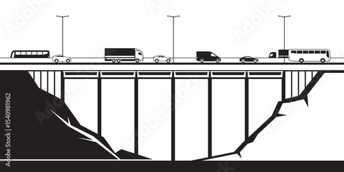 Road vehicles pass over a concrete bridge – vector illustration