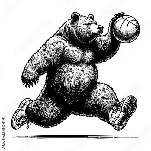 Grizzly bear play basketball sketch engraving black and white outline. Scratch board imitation. illustrated in vintage line art style on a white background.