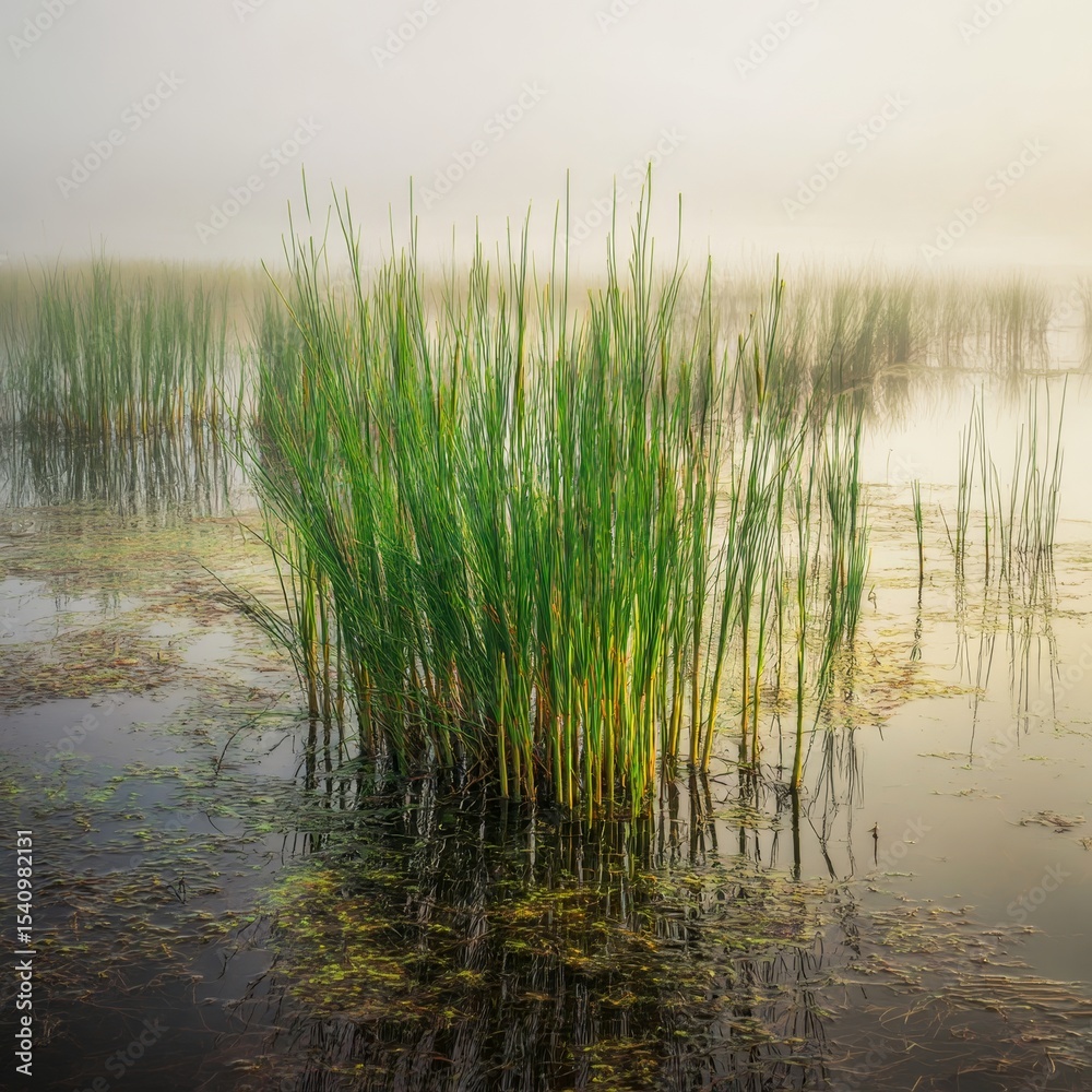 Obraz premium a patch of green horsetail reeds rising from a marshy wetland under soft morning mist