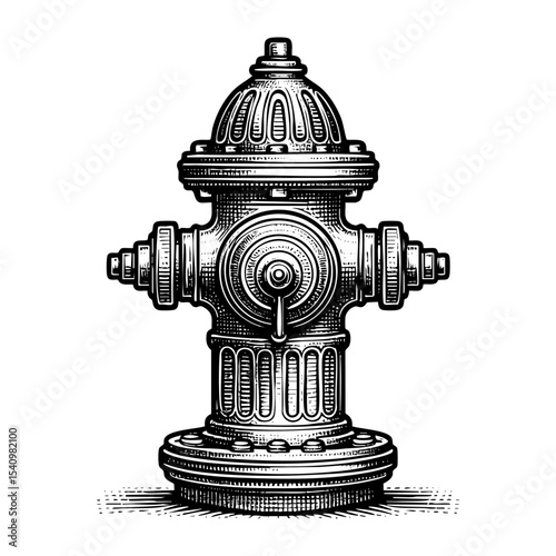Water hydrant engraving black and white outline. Scratch board imitation.  illustrated in vintage line art style on a white background.
