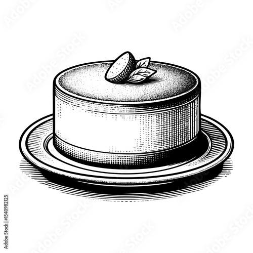 Slice of strawberry cheesecake sketch engraving black and white outline. Scratch board imitation.