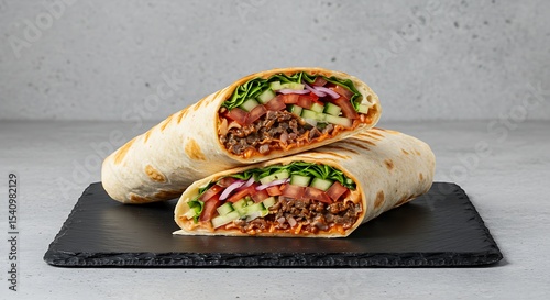 A robust 'Dürüm Kebab' (wrap), cut in half diagonally to display the inner layers of meat, salad, and sauce. 