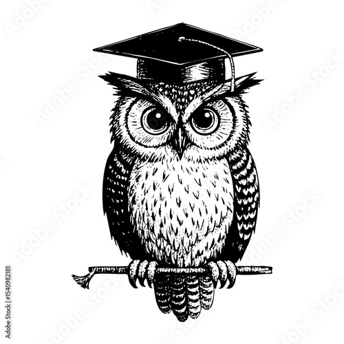 Owl wear graduation hat sketch engraving black and white outline. Scratch board imitation.  illustrated in vintage line art style on a white background.