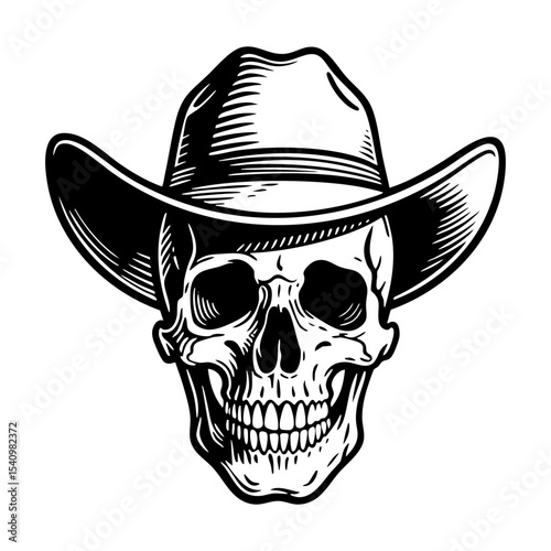 skull wear cowboy hat engraving black and white outline. Scratch board imitation.