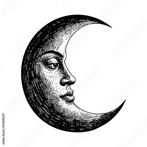 crescent moon face sketch engraving black and white outline. Scratch board imitation.