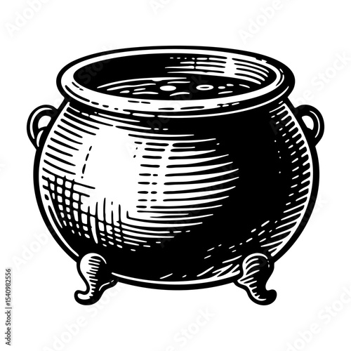 witch cauldron engraving sketch engraving black and white outline. Scratch board imitation.  illustrated in vintage line art style on a white background.