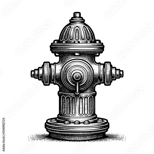 Water hydrant engraving black and white outline. Scratch board imitation.  illustrated in vintage line art style on a white background.