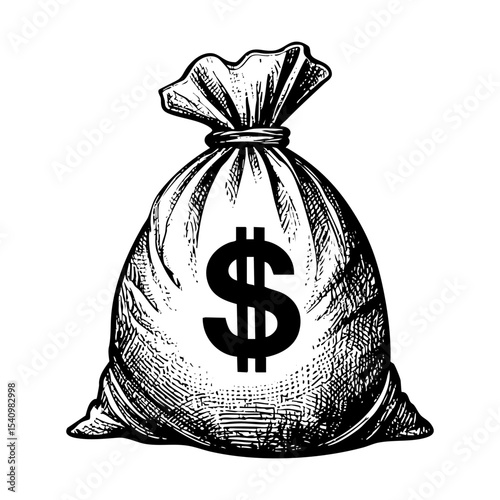 sack of money sketch engraving black and white outline. Scratch board imitation.