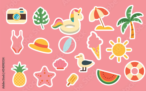 A collection of stickers featuring various beach summer