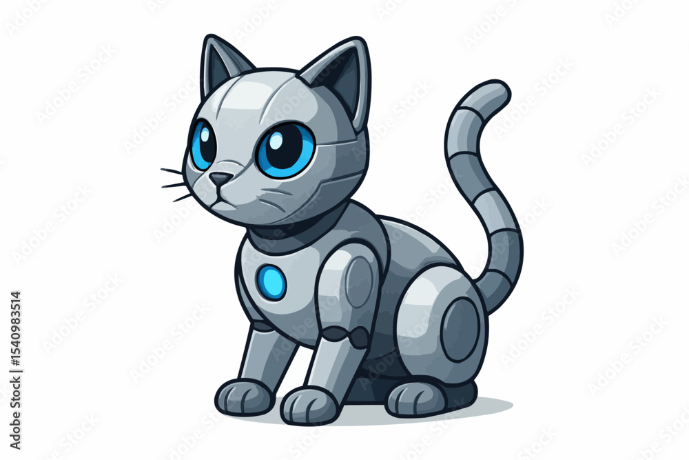 Obraz premium Illustration of a robotic cat with blue eyes and a segmented tail sitting on a white background