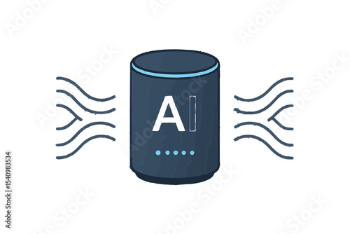 Illustration of a smart speaker with ai displayed and sound waves emanating from both sides