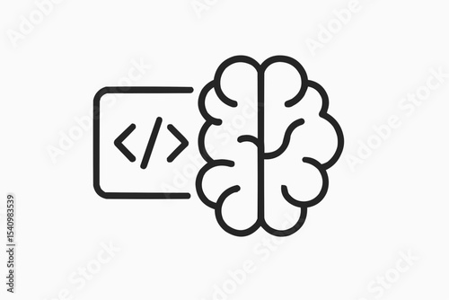 Outline illustration of a brain connected to a code snippet representing artificial intelligence