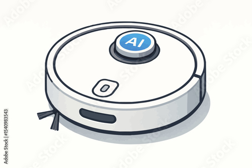 Isometric illustration of a white robot vacuum cleaner with ai button on a white background