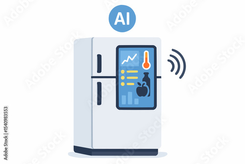 Illustration of a smart refrigerator with ai technology and a display showing food information data