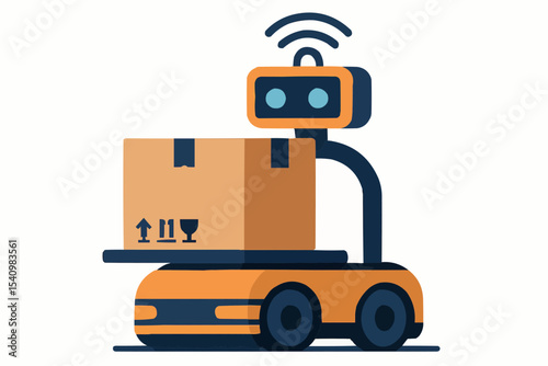 Illustration of an automated delivery robot carrying a cardboard box with care symbols on it